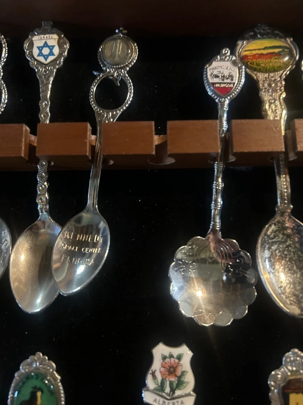 Collector’s Display Case of Decorative 26 Souvenir Spoons